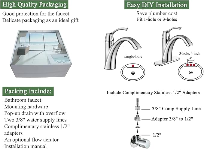 Chrome Bathroom Faucet, Single Handle Bathroom Sink Faucet for 1 Hole with 3 Holes Deck Plate, Lavatory Vanity Faucets, Pop Up Drain and Water Supply Lines Included, TAF206-CP
