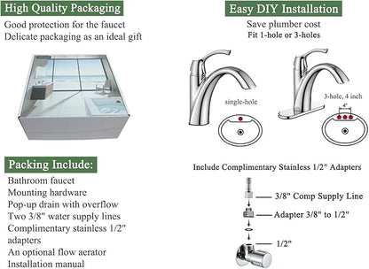 Chrome Bathroom Faucet, Single Handle Bathroom Sink Faucet for 1 Hole with 3 Holes Deck Plate, Lavatory Vanity Faucets, Pop Up Drain and Water Supply Lines Included, TAF206-CP