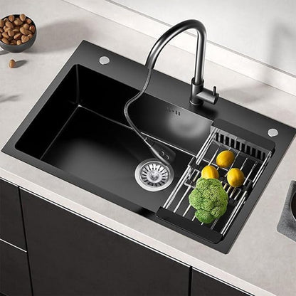 Black Drop in Kitchen Sink, Stainless Steel Single Bowl Sink with 3 Holes, Topmount Workstation Sink, Farmhouse Rectangle Basin with Multiple Accessories (31.5 * 19.7 * 7.9in)