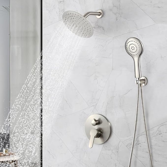 Shower Faucet Set Brushed Nickel 8 Inch Rain Shower Head and Handle Set Bathroom Rainfall Shower System Wall Mounted Shower Fixture Include Shower Valve and Trim Kit