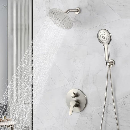 Shower Faucet Set Brushed Nickel 8 Inch Rain Shower Head and Handle Set Bathroom Rainfall Shower System Wall Mounted Shower Fixture Include Shower Valve and Trim Kit