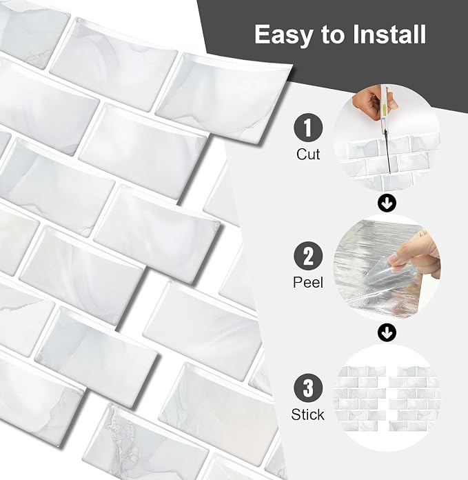 10 Sheets Thicker Design Peel and Stick Backsplash, 12"x12" Peel and Stick Wall Tiles, Subway Look Marble Tiles Backsplash for Kitchen and Bathroom, Light Gray Veins