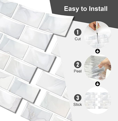 10 Sheets Thicker Design Peel and Stick Backsplash, 12"x12" Peel and Stick Wall Tiles, Subway Look Marble Tiles Backsplash for Kitchen and Bathroom, Light Gray Veins