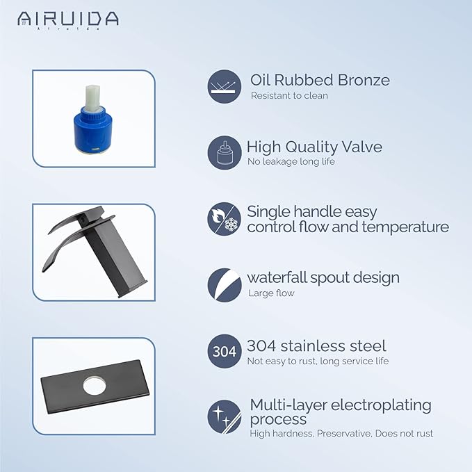 Airuida Oil Rubbed Bronze Single Handle Bathroom Sink Faucet Single Hole Waterfall Bathroom Faucet 1 or 3 Hole Basin Mixer Tap, Rv Lavatory Vanity Faucet with Deck Plate and Supply Lines
