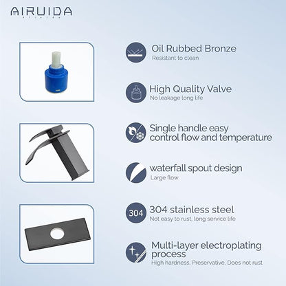 Airuida Oil Rubbed Bronze Single Handle Bathroom Sink Faucet Single Hole Waterfall Bathroom Faucet 1 or 3 Hole Basin Mixer Tap, Rv Lavatory Vanity Faucet with Deck Plate and Supply Lines