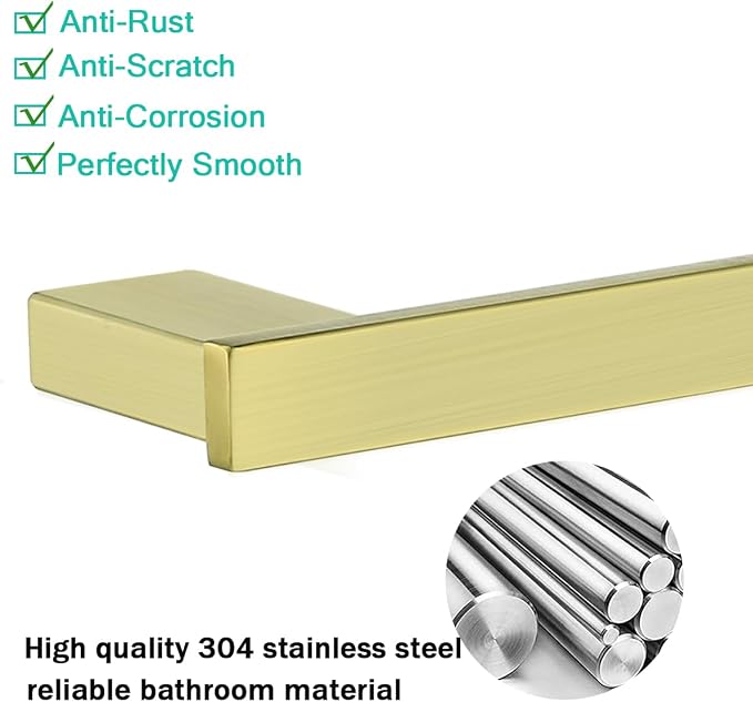 Brushed Gold Bathroom Hardware Set, 18-Inch Towel Bar Set Wall Mounted | Durable SUS304 Stainless Steel Bathroom Accessories Set, 4-Piece,18 inch Towel Bar, Robe Towel Hooks, Toilet Paper Holder