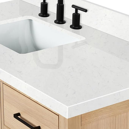 ARIEL 42 inch Bathroom Vanity top with Sink, 1.5 Inch Thick Miter Edge Carrara White Quartz top, Left Offset Vanity top with Rectangle Porcelain Sink, Includes Backsplash