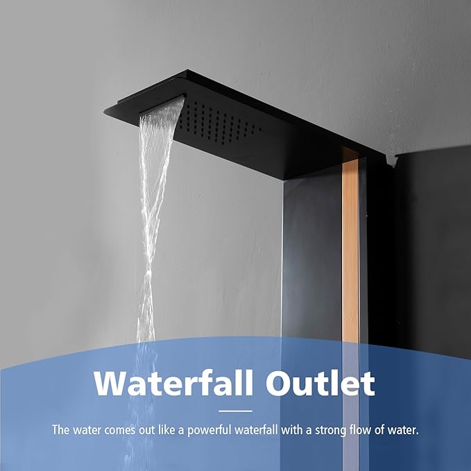 BWE Shower Tower Bathroom Shower Panel System Stainless Steel Multi-Function Shower Panel with Rainfall Waterfall Shower Head Massage Jets Tub Spout, Black