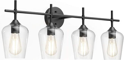 Ralbay Vintage Bathroom Vanity Lighting Fixtures 4-Lights Industrial Matte Black Finish with Clear Glass Vanity Lights Farmhouse Bathroom Vanity Lights Wall Sconce