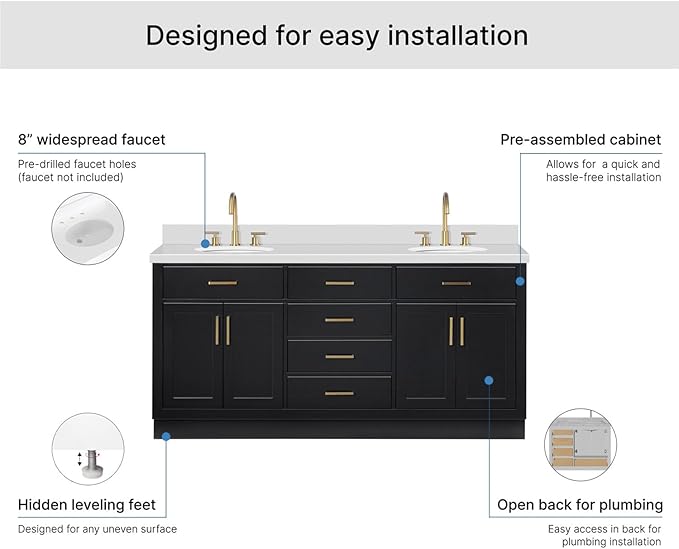 ARIEL Hepburn 72-inch Bathroom Vanity with Sink,Solid Wood, 1.5-inch Pure White Quartz Countertop & Backsplash, Double Oval Porcelain Sink, 4 Soft Closing Doors, 6 Dovetail Drawers, Black