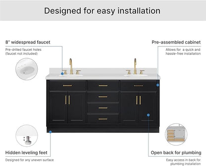ARIEL Hepburn 72-inch Bathroom Vanity with Sink,Solid Wood, 1.5-inch Pure White Quartz Countertop & Backsplash, Double Oval Porcelain Sink, 4 Soft Closing Doors, 6 Dovetail Drawers, Black