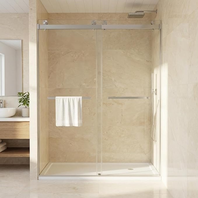 Frameless Double Sliding Shower Door, 44-48" Adjustable Width x 74" H, 6mm Tempered Glass with Easy-Clean Coating, Brushed Nickel Square Stainless Steel Track