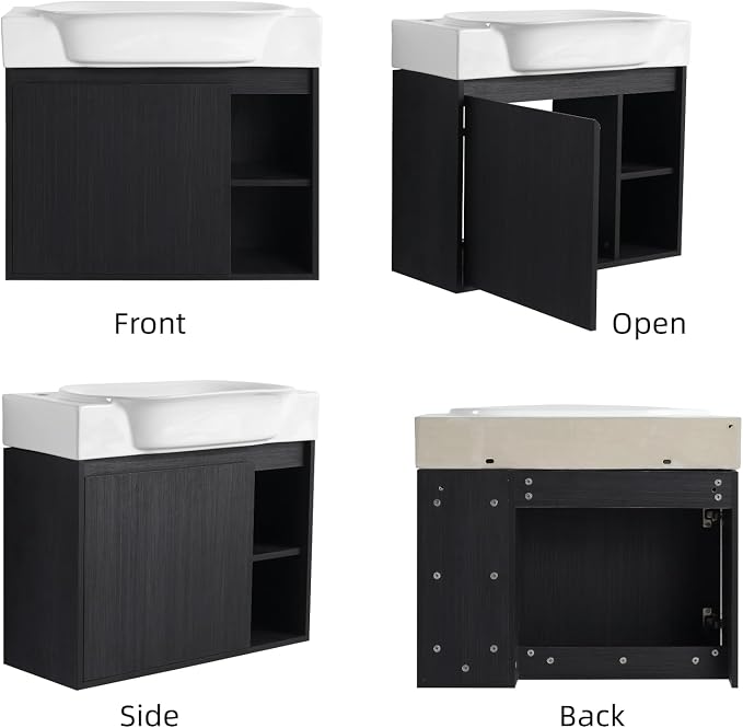 28" Wall Mounted Bathroom Vanity with Sink, Small Vanity, Black | Integrated Ceramic Sink, Soft-Close Door & 2 Open Storage Shelves, Small Bath Vanity Set, Easy to Clean