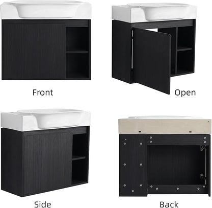 28" Wall Mounted Bathroom Vanity with Sink, Small Vanity, Black | Integrated Ceramic Sink, Soft-Close Door & 2 Open Storage Shelves, Small Bath Vanity Set, Easy to Clean