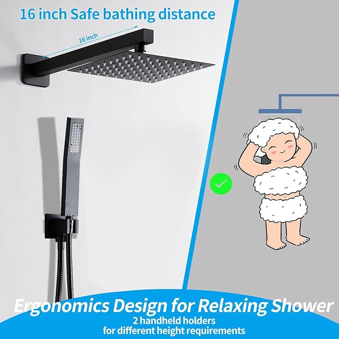 12 Inch Matte Black Shower Faucet Set with Square Rain Shower Head and Handheld Spray, Wall Mounted Rainfall Shower Head with Handheld Combo, Bathroom luxury Shower System with Valve and Trim