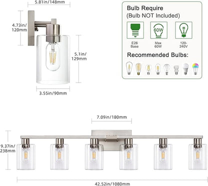 6-Light Bathroom Light Fixtures, Vanity with Clear Glass, Brushed Nickel Lighting Fixtures Over Mirror, 42inch Large Lights for Bathroom