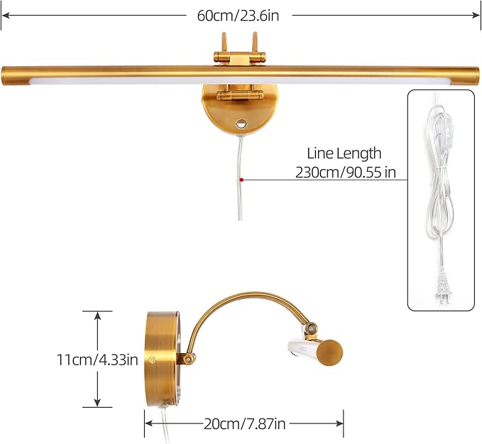 MantoLite 24'' Picture Lights for Wall,Vanity Lights for Bathroom,Plug-in or Hardwired,12W LED 3CCT Dimmable Light Fixture Brass Modern Bathroom Lighting Fixtures Over Mirror Wall Lights for Bedroom