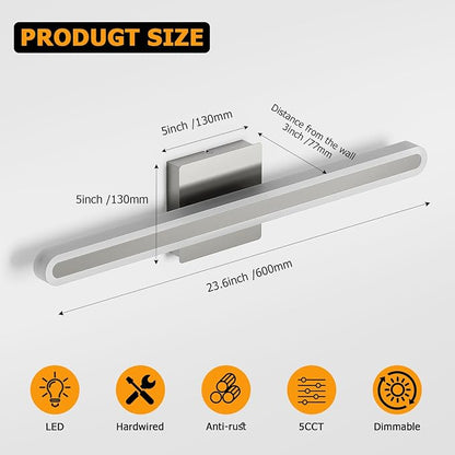 Brushed Nickel Vanity Lights for Bathroom, 5CCT Dimmable Vanity Light Bar | Above Mirror Makeup Mirror Light, Modern Bathroom Lighting Fixtures 23.6 inch 20W