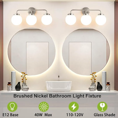 Bathroom Light Fixtures Over Mirror, Brushed Nickel Modern Vanity Lights with Milk White Glass Globe Shades 3-Light Farmhouse Wall Sconce Lighting