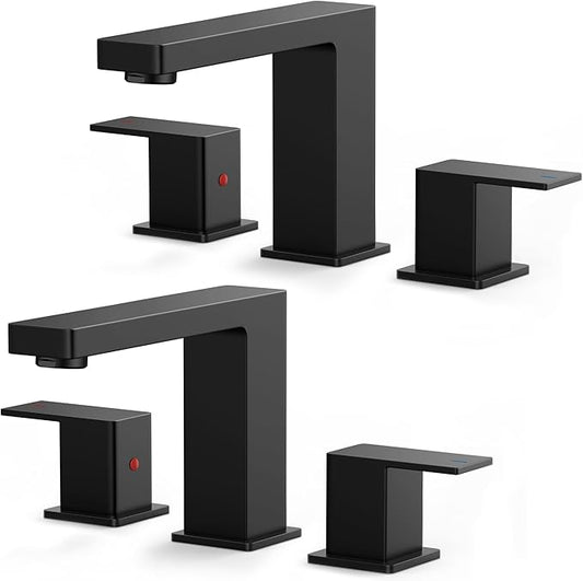 FORIOUS 2 Pack Black Bathroom Faucets 3 Hole, 2 Handle Matte Black Bathroom Sink Faucet 8 in Widespread Restroom Sink Tap with Metal Drain, Supply Hose and Spare Water Saving Aerator, Commercial