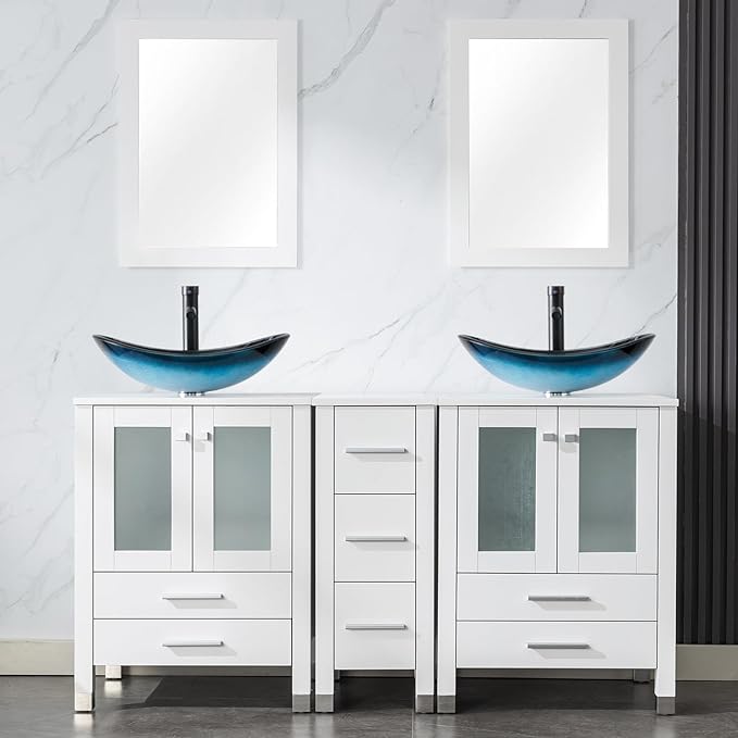 LUCKWIND 60" Double 24" Bathroom Vanity with Sink Combo, Elegant Series with One 12.6-in Side Cabinet, Painted Frame, Including Blue Boat Sinks, Faucets Without Mirrors, White