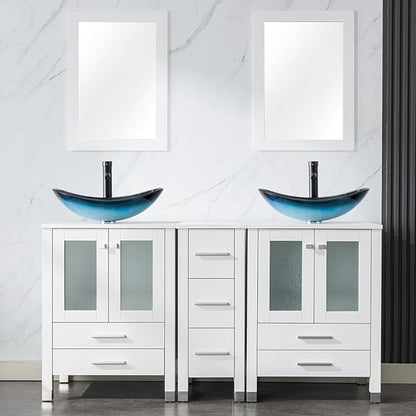 LUCKWIND 60" Double 24" Bathroom Vanity with Sink Combo, Elegant Series with One 12.6-in Side Cabinet, Painted Frame, Including Blue Boat Sinks, Faucets Without Mirrors, White