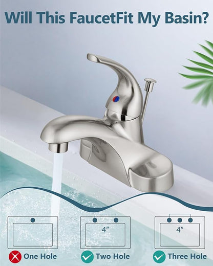 4-Inch Centerset Bathroom Sink Faucet with Drain, Brushed Nickel | Single-Handle Vanity Faucet with Lift Rod Drain, 24-Inch Supply Lines, 1.2 GPM, 3-Hole Deck Mount, Easy Installation