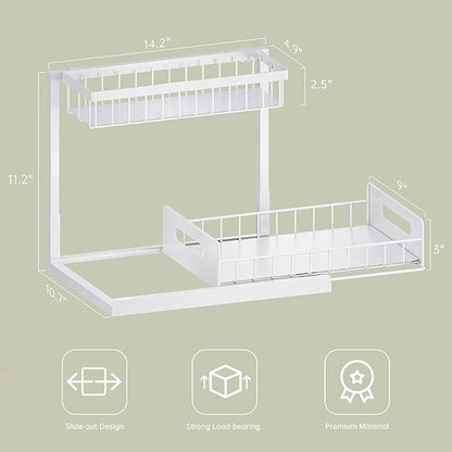 VUSIGN Under Kitchen Sink Organizer 2 Tier, Pull Out Bathroom Sink Organizers and Storage, Cabinet Kitchen Bathroom Storage Organization Shelf, 2 Pack White