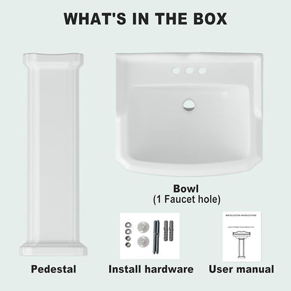 Bathroom Pedestal Sinks,Pedestal Sink 23" W X 19" D Vintage White Ceramic Pedestal Bathroom Sink With Overflow and 3 Pre-Drilled Holes - Fits 4-Inch Faucets
