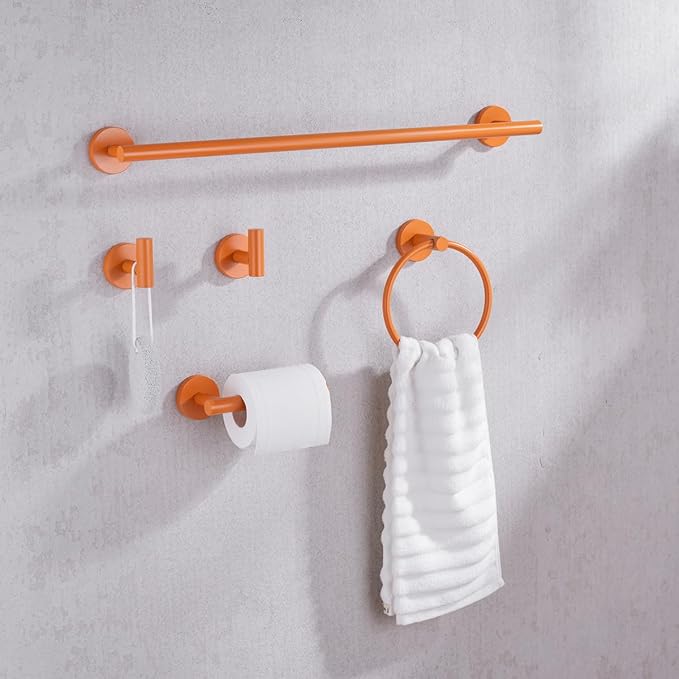 Bathroom Hardware Set,5 Pieces Bathroom Towel Bar Set,24 inch Towel Bar,Towel Ring for Bathroom,Robe Towel Hooks,Toilet Paper Holder Wall Mounted(Drilling),Orange,SE96006S-5HOR