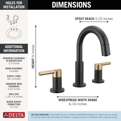 Delta Nicoli Matte Black/Brushed Gold Bathroom Faucet with Sprayer, 8 Inch 3 Hole Widespread Bathroom Sink Faucet with Pull Out Sprayer, Push-Pop Drain, Matte Black/Champagne Bronze 35749LF-GZPD