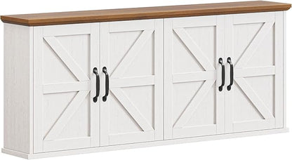 47" Laundry Room Cabinets and Storage with 4 Doors and Utility Adjustable Shelf, Large Wall Mounted Storage Cabinet, Upper Kitchen Cabinet for Laundry, Bathroom, and Kitchen, White and Brown
