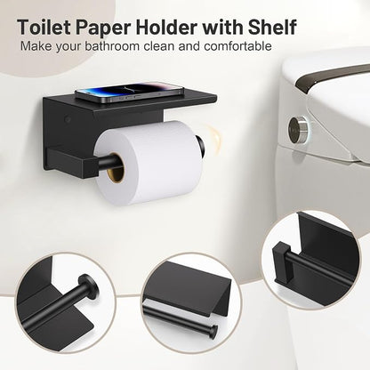 Lairuier Bathroom Hardware Set Matte Black, Towel Holder Set Wall Mounted | Bathroom Accessories Set, SUS304 Stainless Steel 23.6" Towel Bar, Toilet Paper Holder with Shelf, Towel Ring and Towel Hooks