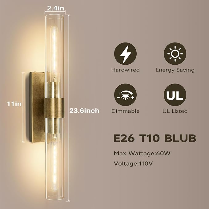 Wall Sconces Set of Two, 22.8" Gold Bathroom Sconces Wall Lighting with Clear Glass, Modern Sconces Wall Decor Brass Light Fixtures for Bathroom Mirror Living Room Hallway Bedroom