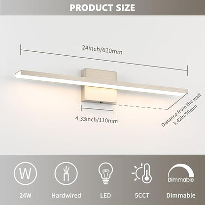 JUSHENG Brushed Nickel Vanity Lights for Bathroom Light Fixtures 5CCT Dimmable Vanity Light Bar LED Bathroom Lighting Over Mirror 24'' Inch 24W ETL Certificated