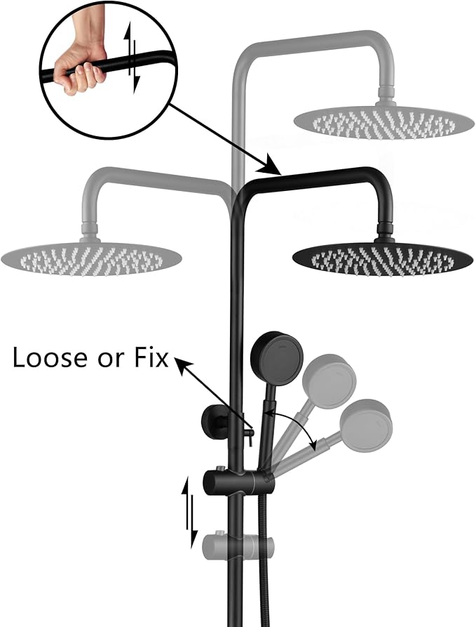 Generic MZ-0001H Matte Black Outdoor Shower Kit - Shower Head, Handheld Shower, Faucets, Valve - Wall Mount - 2 Handles - Stainless Steel - High Pressure, Water-Saving, Adjustable Settings