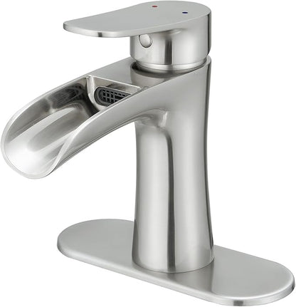 VOTON Bathroom Faucets Brushed Nickel Single Handle Waterfall Sink Faucet One Hole or Three Holes with Deck Mount Vanity Farmhouse RV Vessel Basin Faucet