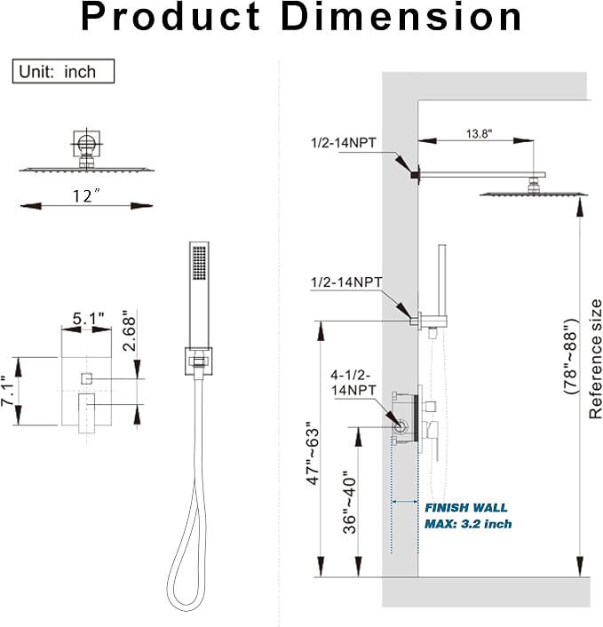 12" Rain Shower System with Handheld & Valve, Brushed Gold | Wall-Mounted High-Pressure Shower Faucet Combo Set, 12-Inch Rain Shower Head with Handheld Spray,Includes Valve and Trim Kit