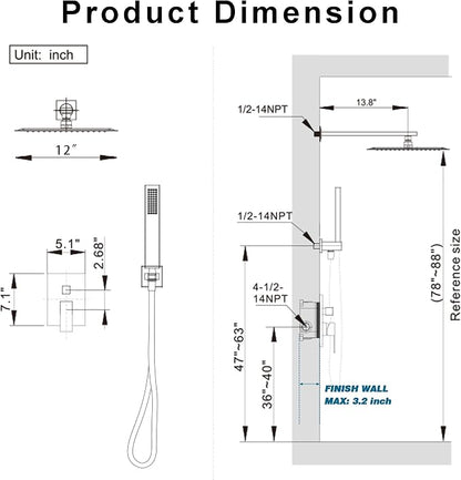 12" Rain Shower System with Handheld & Valve, Brushed Gold | Wall-Mounted High-Pressure Shower Faucet Combo Set, 12-Inch Rain Shower Head with Handheld Spray,Includes Valve and Trim Kit