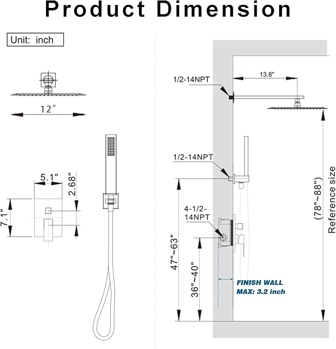 12" Rain Shower System with Handheld & Valve, Brushed Nickel | Wall-Mounted High-Pressure Shower Faucet Combo Set, 12-Inch Rain Shower Head with Handheld Spray,Includes Valve and Trim Kit