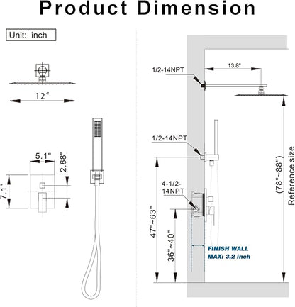 12" Rain Shower System with Handheld & Valve, Brushed Nickel | Wall-Mounted High-Pressure Shower Faucet Combo Set, 12-Inch Rain Shower Head with Handheld Spray,Includes Valve and Trim Kit