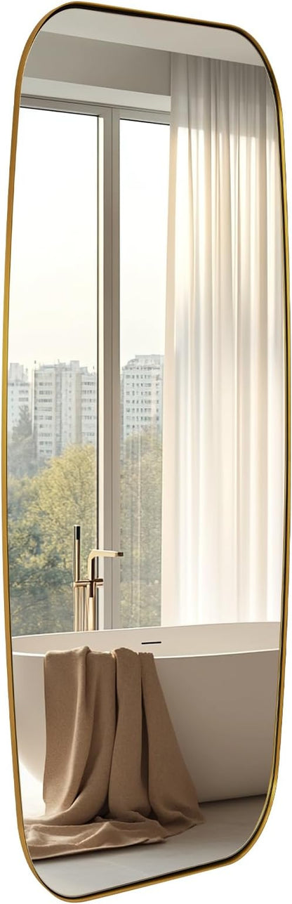 18x48 Full Length Wall Mirror, Brushed Gold Oblong Shaped Body Mirror with Stainless Steel Metal Frame, Rounded Corner Design for Floor and Leaning