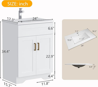 Bathroom 24" Vanity with Ceramic Sink, Wooden Double Door Bathroom Storage Cabinet, Freestanding Cabinet Vanity with Sink (Paint, White,24")