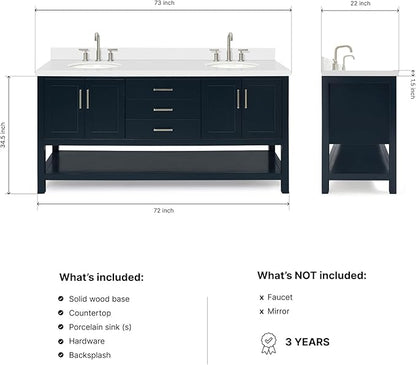 ARIEL Magnolia 72-inch Bathroom Vanity with Sink,Solid Wood, 1.5-inch Pure White Quartz Countertop & Backsplash, Double Oval Porcelain Sink, 4 Soft Closing Doors, 3 Dovetail Drawers, Midnight Blue