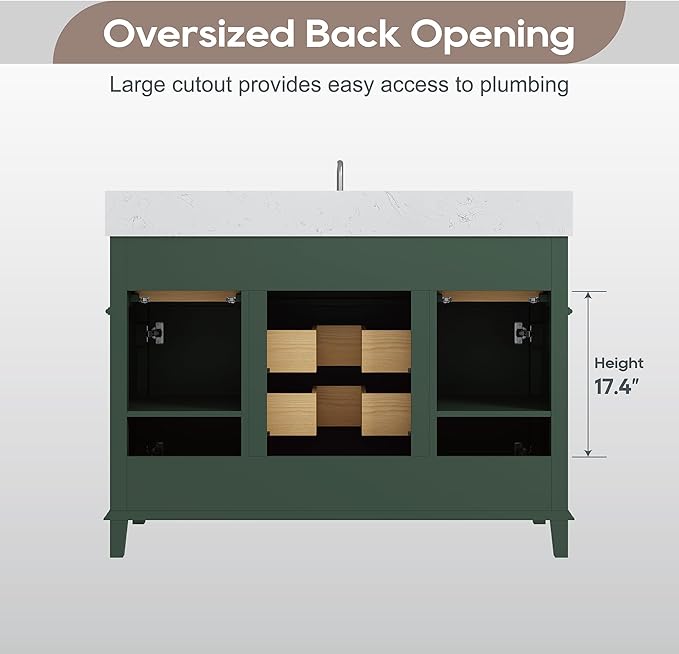 48 Inch Green Bathroom Vanity with Sink, Fully Assembled Bathroom Vanities with Soft Closing Doors & Dovetail Drawers, Solid Wood Vanity Bathroom, 48 Inch Vanity with Sink