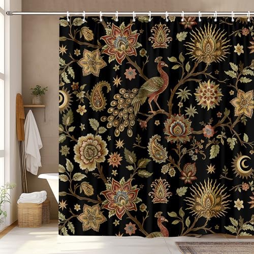 Boho Chic Black Floral Shower Curtain, Vintage Rustic Antique Victorian Peacock Paisley Farmhouse Shower Curtain Set, Witchy Aesthetic Retro Bath Curtains Bathroom Accessories with Hooks, 72 x 72