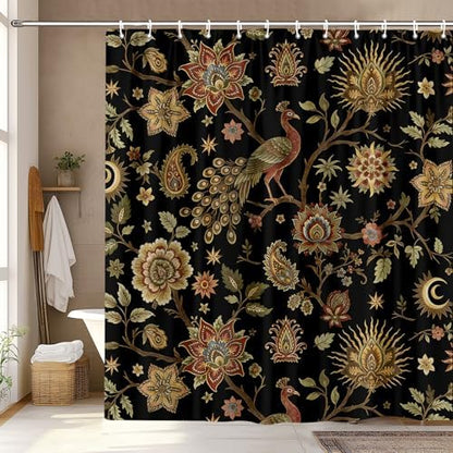 Boho Chic Black Floral Shower Curtain, Vintage Rustic Antique Victorian Peacock Paisley Farmhouse Shower Curtain Set, Witchy Aesthetic Retro Bath Curtains Bathroom Accessories with Hooks, 72 x 72