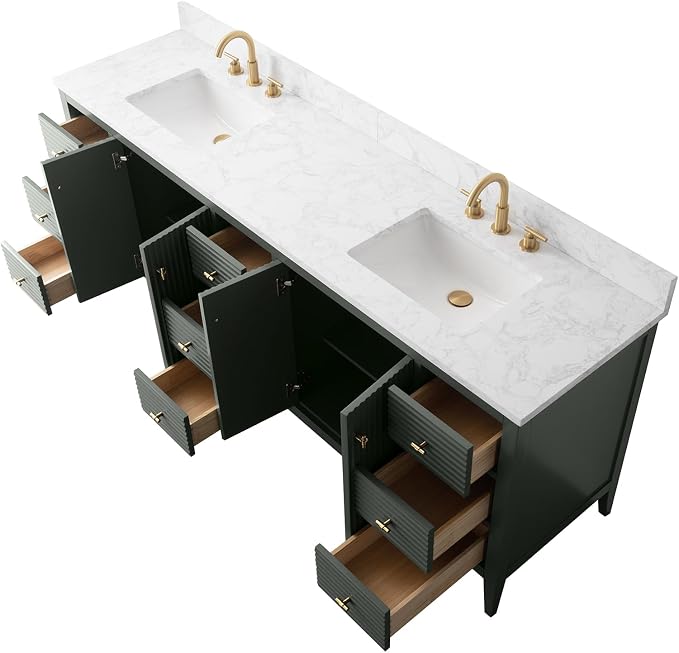 HOMEBEYOND 84" Bathroom Vanity with Double Sink & Engineered Marble Top, Solid Wood Frame, Linear Pattern & Soft Close Door | Golden Brushed Handware,Vintage Green