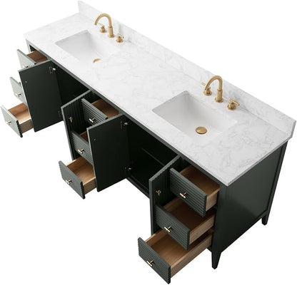 HOMEBEYOND 84" Bathroom Vanity with Double Sink & Engineered Marble Top, Solid Wood Frame, Linear Pattern & Soft Close Door | Golden Brushed Handware,Vintage Green