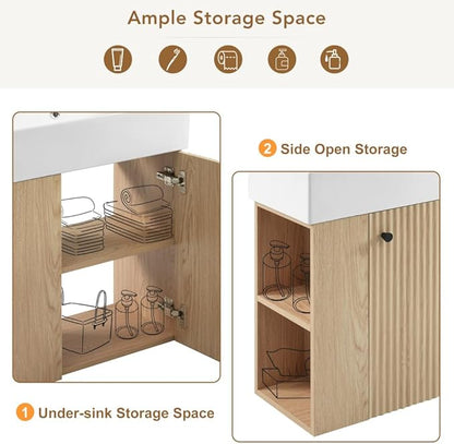 22" Small Bathroom Vanity with Sink, Floating Vanity for Bathrooms with Soft-Close Door and Open Shelf, Wall Mounted Narrow Bathroom Vanities for Compact Bathrooms (Wood,22" Floating Left Shelf)